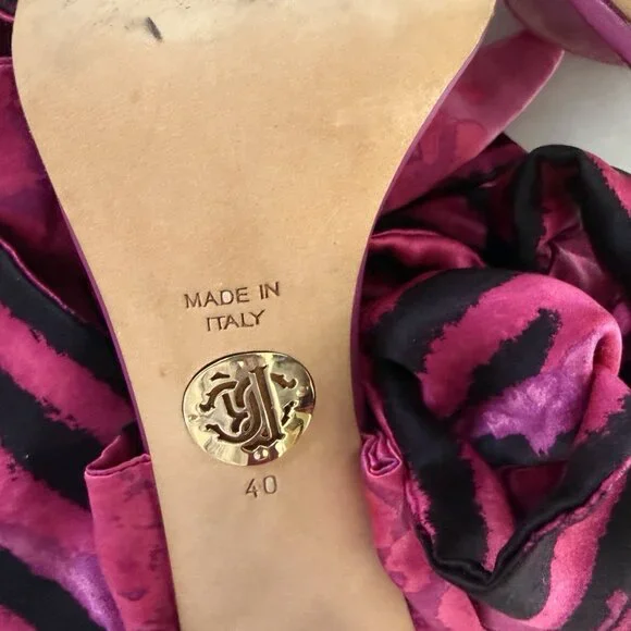 ROBERTO CAVALLI PInk Black Slide Stiletto Heels Silk Ankle Wrap Tie - Picture 4 of 8